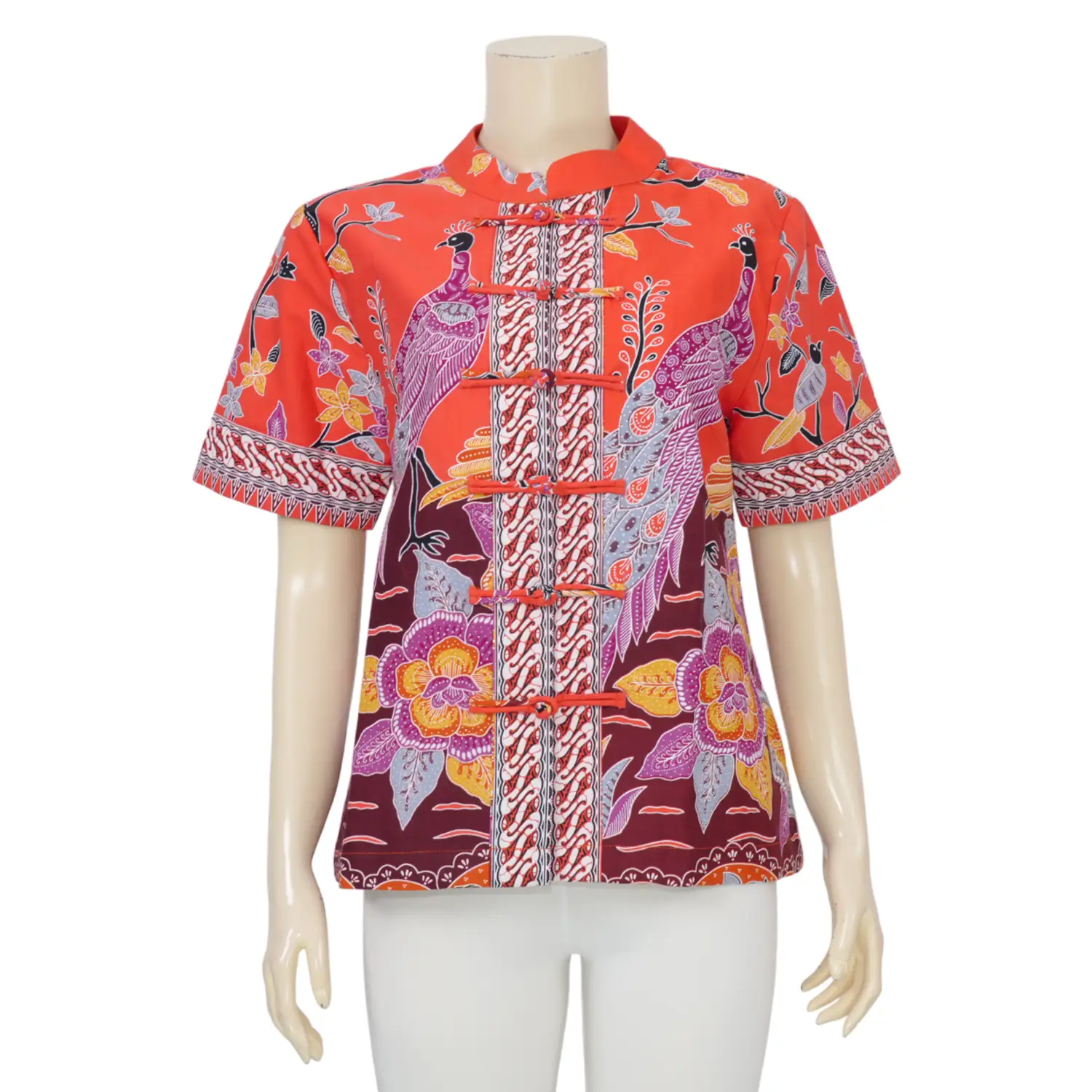 เซ้าท์ แฟบริค เสื้อคอจีน แขนสั้น ผ้าปาเต๊ะลายนกยูง - Image 3