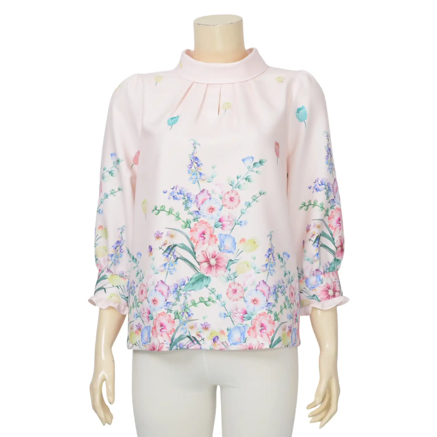 มินนะ เสื้อเบลาส์คอเต่า แขนพองยาว 5 ส่วน ลายดอกไม้