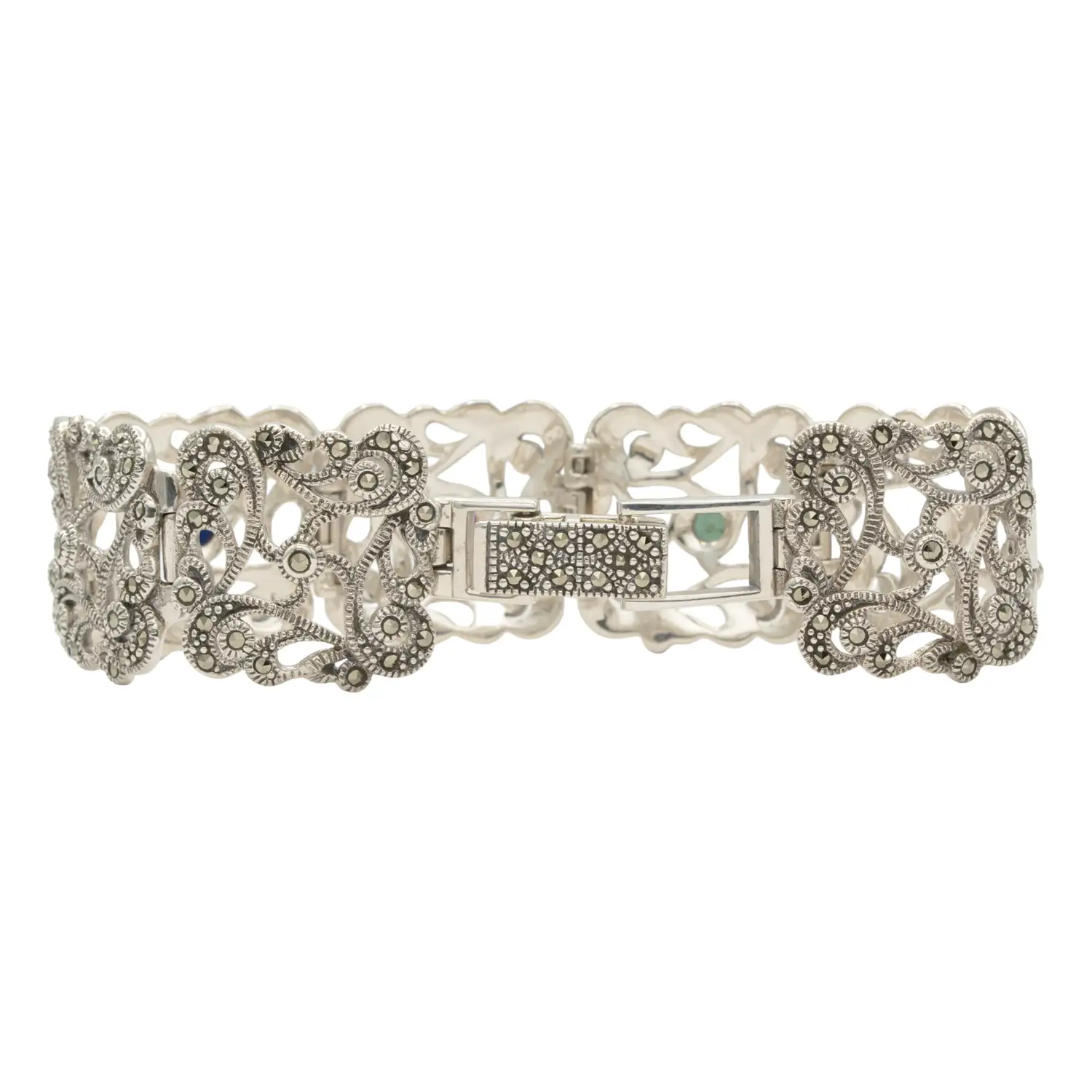 สร้อยข้อมือเงิน925 ประดับทับทิม ไพลิน มรกต และมาร์คาไซต์ ดีไซน์ลายดอกไม้ - Image 3