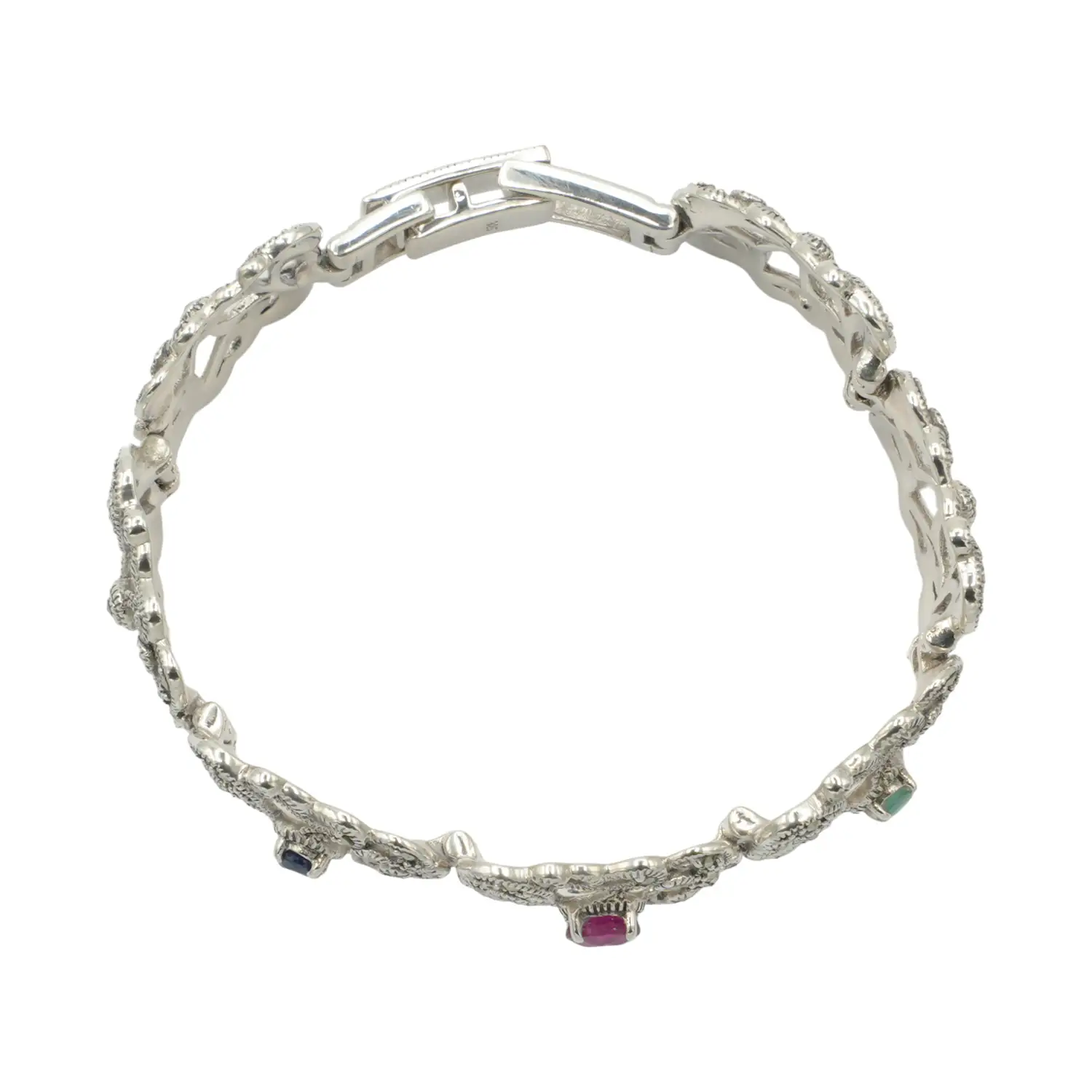 สร้อยข้อมือเงิน925 ประดับทับทิม ไพลิน มรกต และมาร์คาไซต์ ดีไซน์ลายดอกไม้ - Image 4