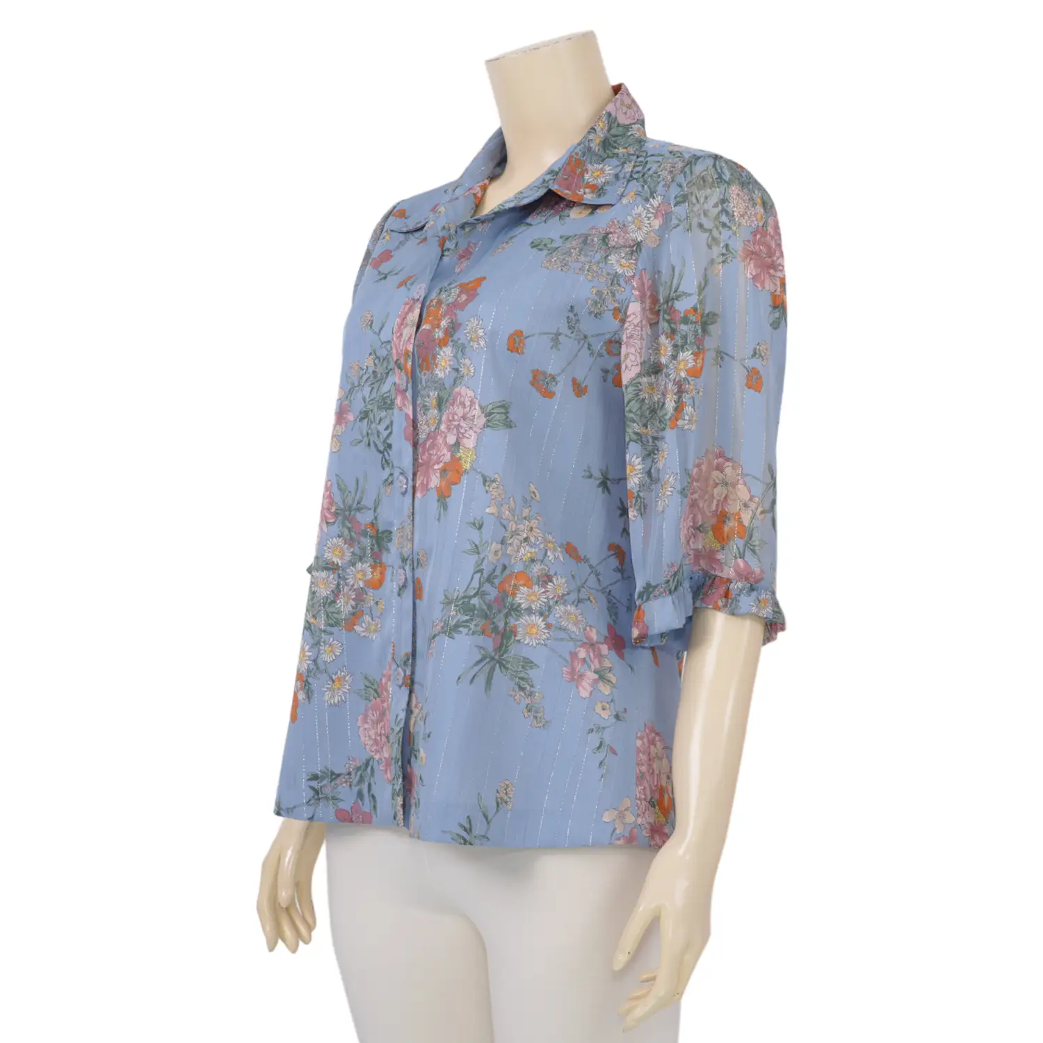 มิกิโกะ เสื้อเชิ้ต แขน 3 ส่วน แต่งงระบาย ผ้าชีฟองเมทัลลิก พิมพ์ลายฟลอรัล - Image 2