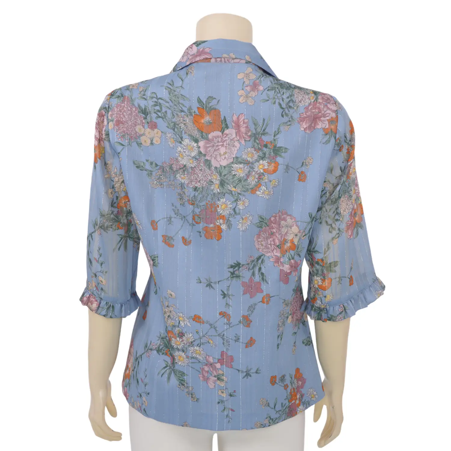 มิกิโกะ เสื้อเชิ้ต แขน 3 ส่วน แต่งงระบาย ผ้าชีฟองเมทัลลิก พิมพ์ลายฟลอรัล - Image 3