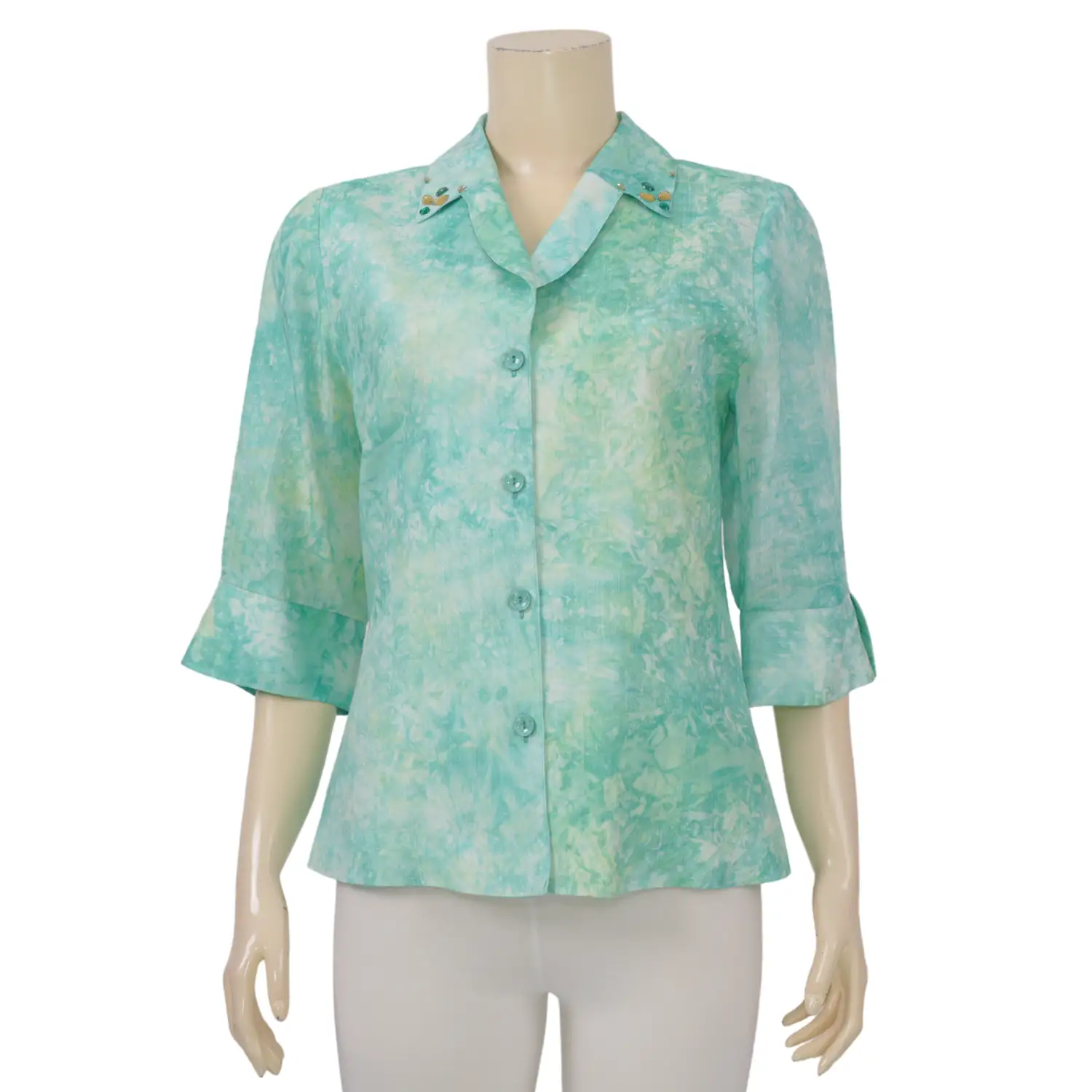 มิกิโกะ เสื้อเชิ้ต แขน 3 ส่วน ผ้าโคโม่ซิลค์สีเขียว