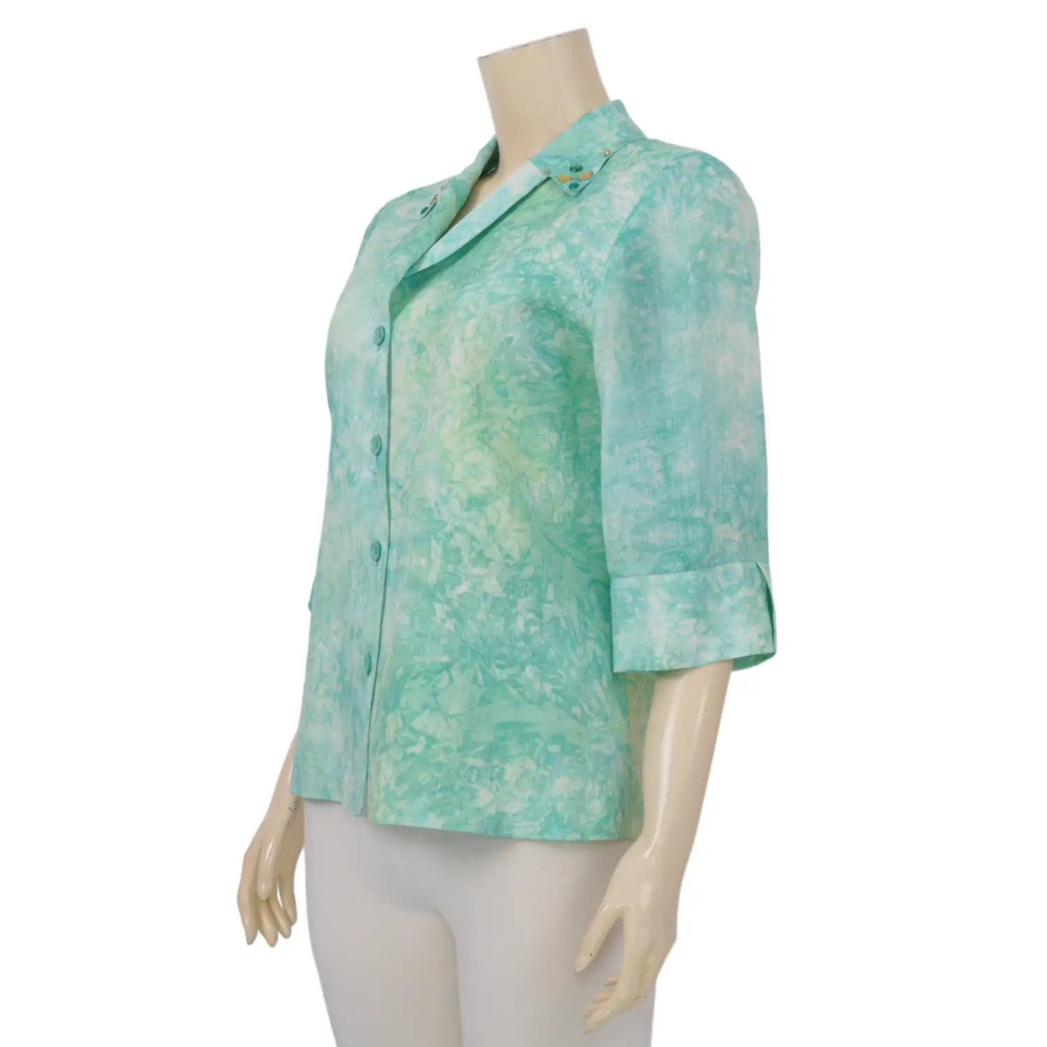 มิกิโกะ เสื้อเชิ้ต แขน 3 ส่วน ผ้าโคโม่ซิลค์สีเขียว - Image 2