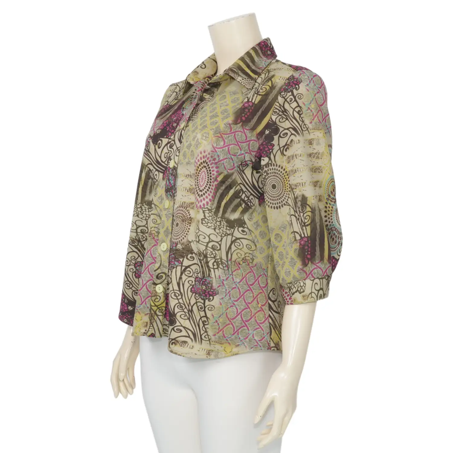 ชมพู เสื้อเชิ้ต แขน 3 ส่วน ผ้าคูชั่นลายฟลอรัล - Image 2