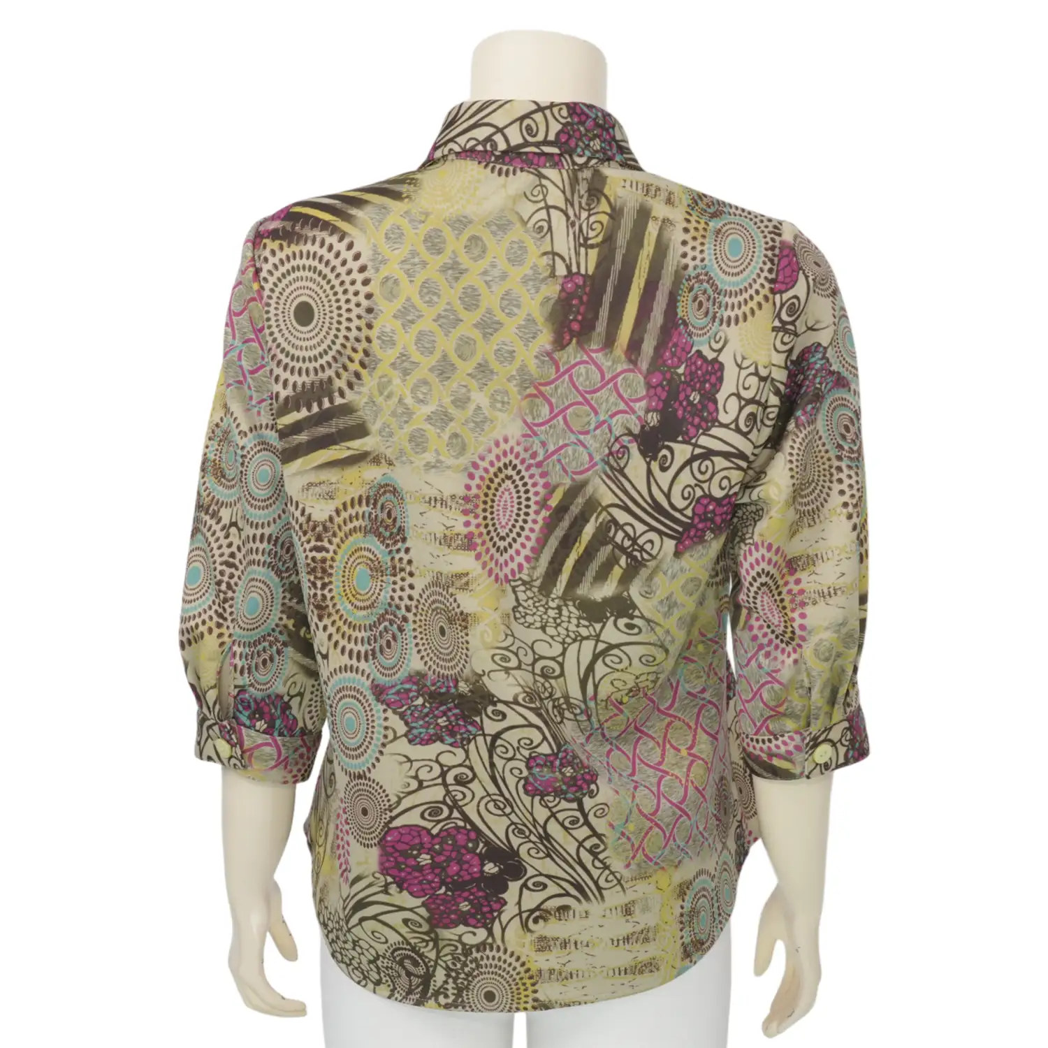 ชมพู เสื้อเชิ้ต แขน 3 ส่วน ผ้าคูชั่นลายฟลอรัล - Image 3