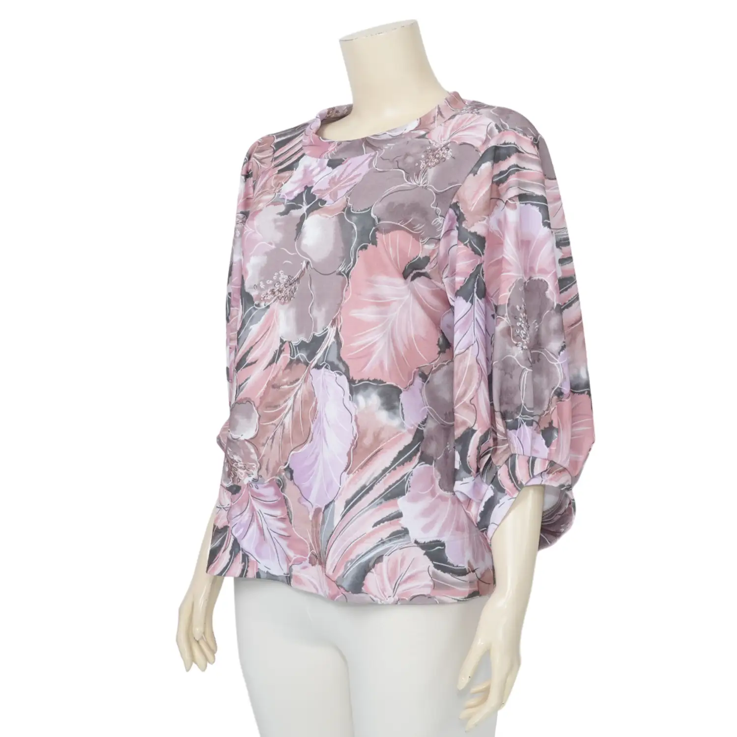 ชมพู เสื้อเบลาส์คอกลม แขนพองยาว 3 ส่วน ผ้าคูชั่นพิมพ์ลาย - Image 2