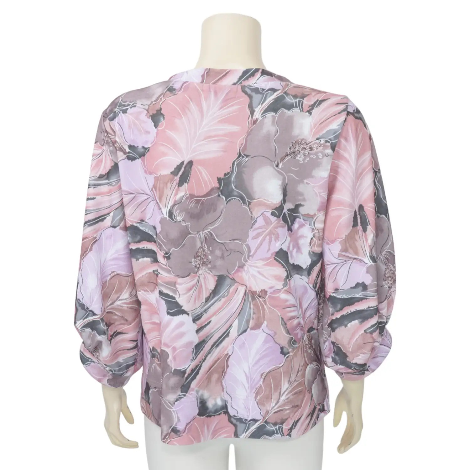 ชมพู เสื้อเบลาส์คอกลม แขนพองยาว 3 ส่วน ผ้าคูชั่นพิมพ์ลาย - Image 3