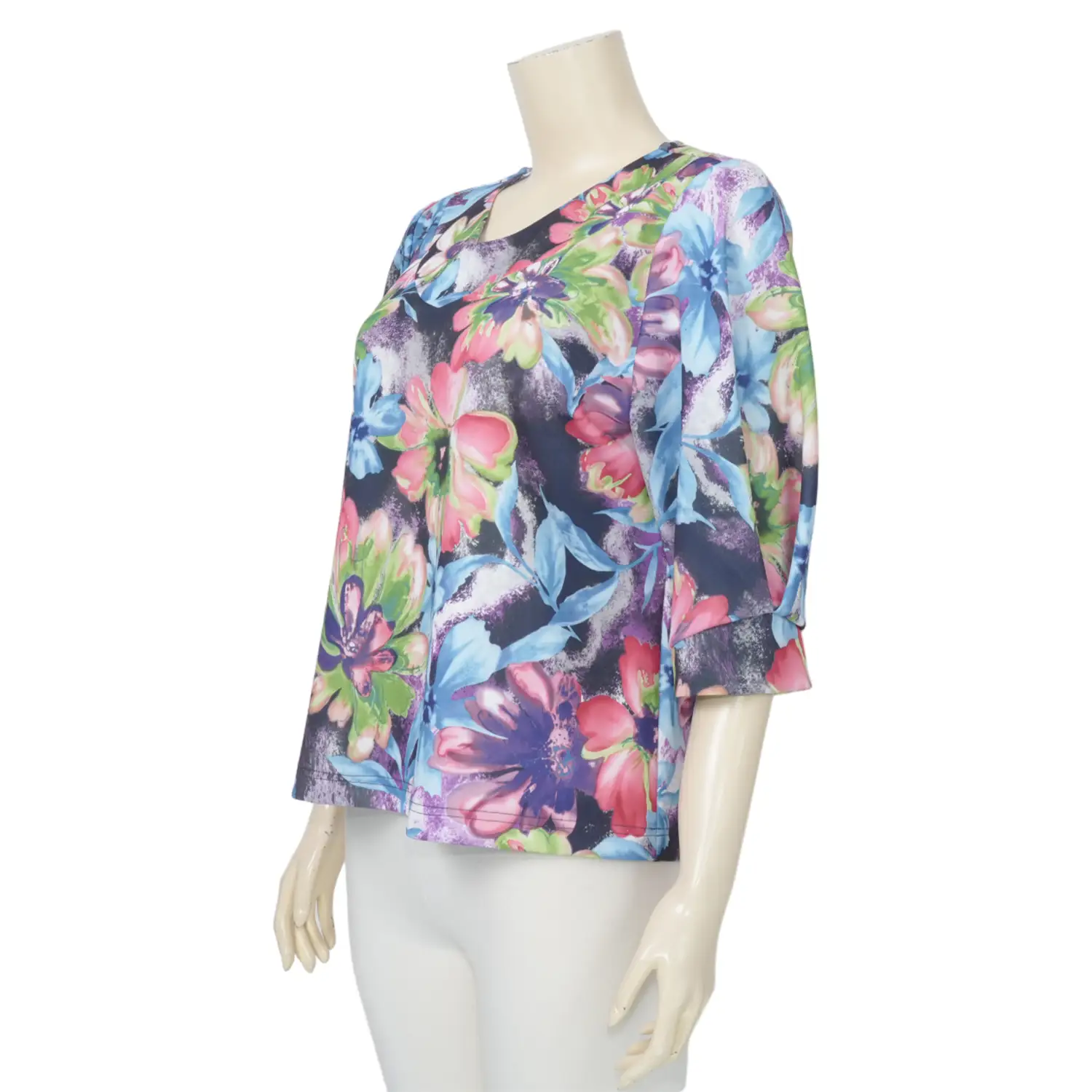 ชมพู เสื้อเบลาส์คอวี แขน 3 ส่วน ผ้าคูชั่นลายฟลอรัลสีรุ้ง - Image 2