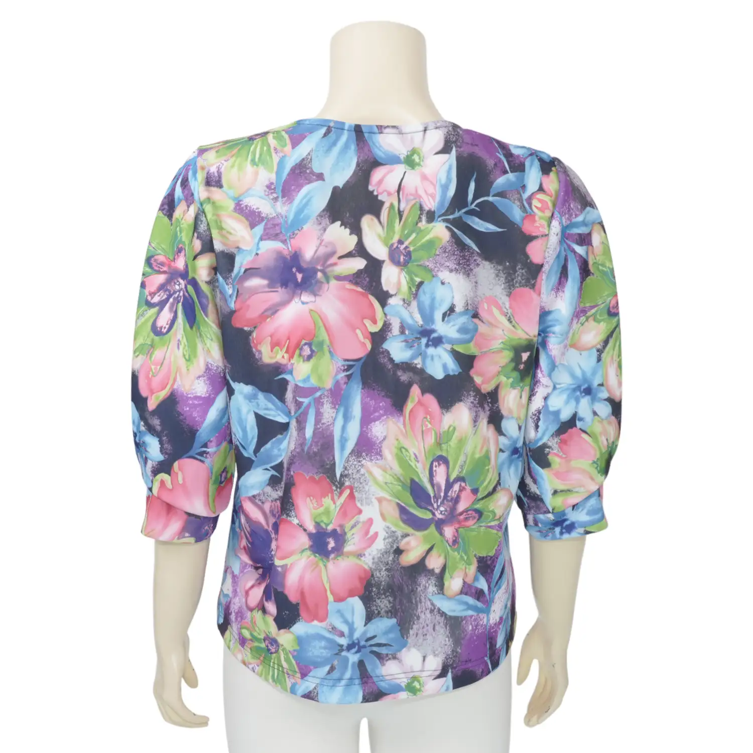 ชมพู เสื้อเบลาส์คอวี แขน 3 ส่วน ผ้าคูชั่นลายฟลอรัลสีรุ้ง - Image 3