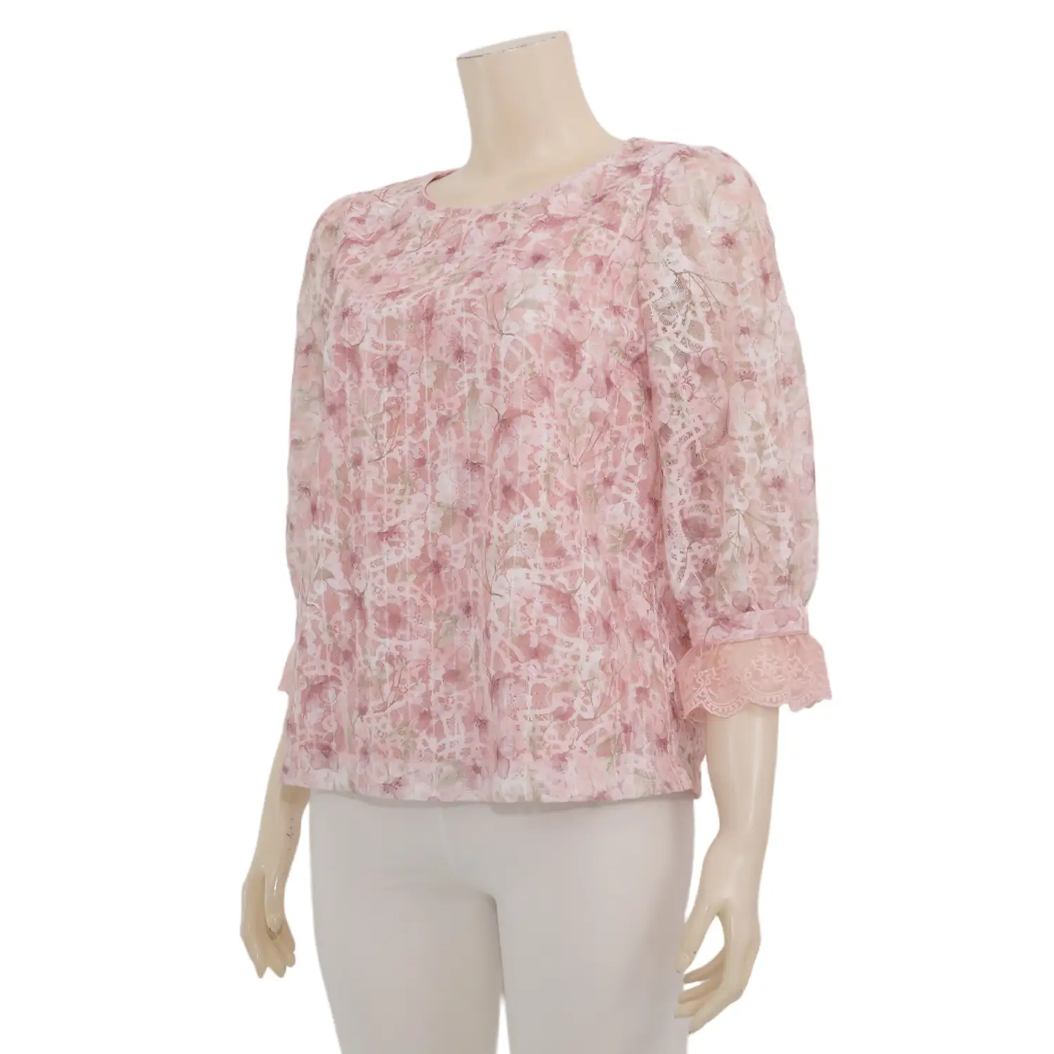 มินนะ เสื้อเบลาส์คอกลม แขนพองยาว 5 ส่วน ผ้าลูกไม้ลายดอกกุหลาบ - Image 2
