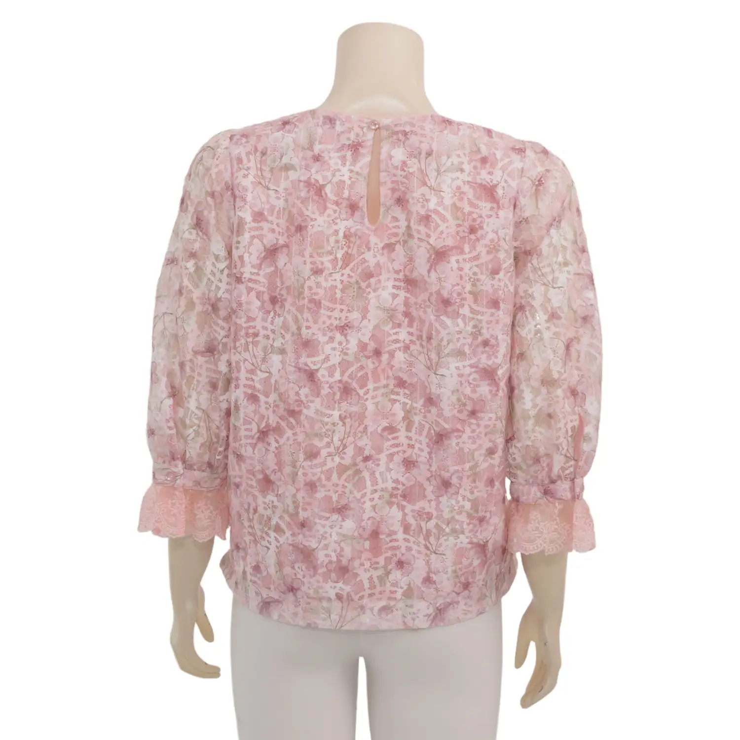 มินนะ เสื้อเบลาส์คอกลม แขนพองยาว 5 ส่วน ผ้าลูกไม้ลายดอกกุหลาบ - Image 3