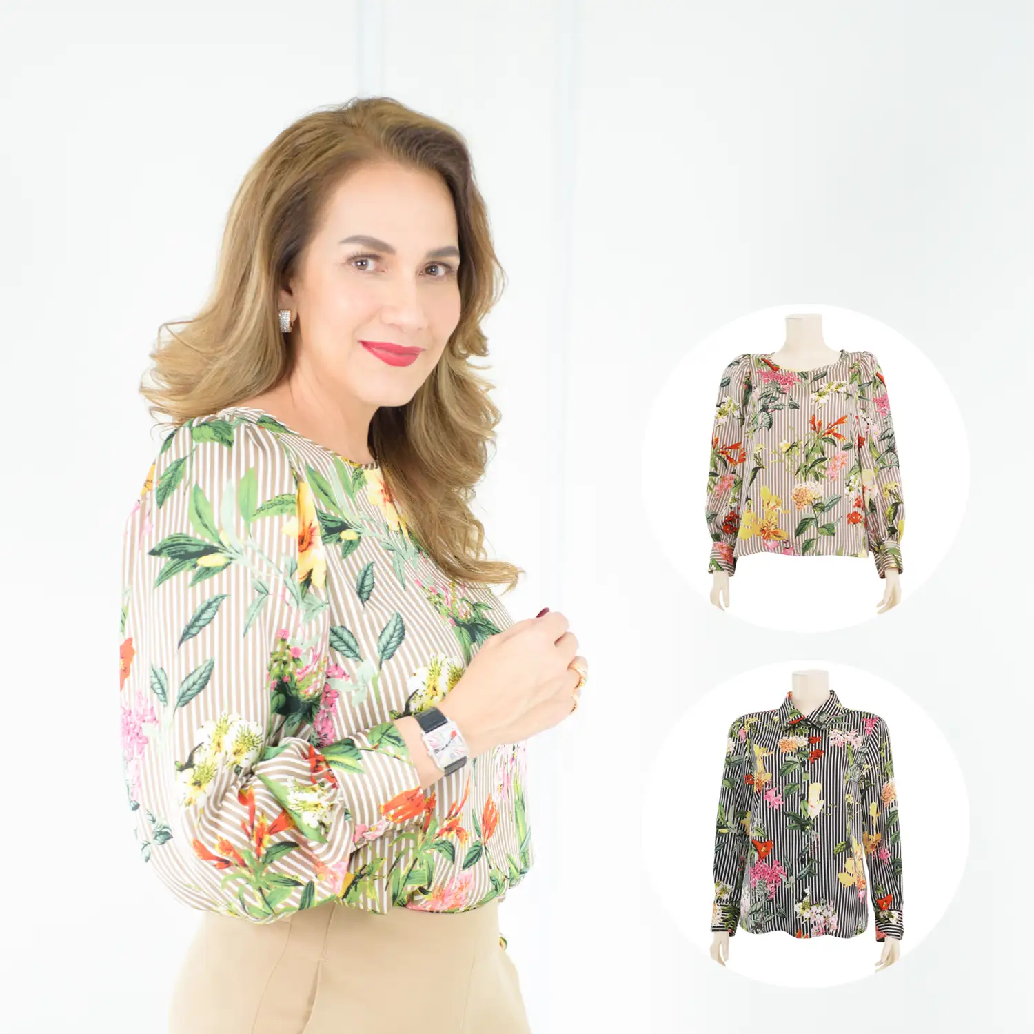เบคกี้ รัสเซล เสื้อเบลาส์คอปาด แขนพองยาว 5 ส่วน ผ้าซาตินลายดอกไม้