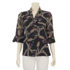 มิกิโกะ เสื้อเชิ้ตคอปกกล้วยหอม แขน 3 ส่วน ผ้าชีฟองลายเข็มขัด