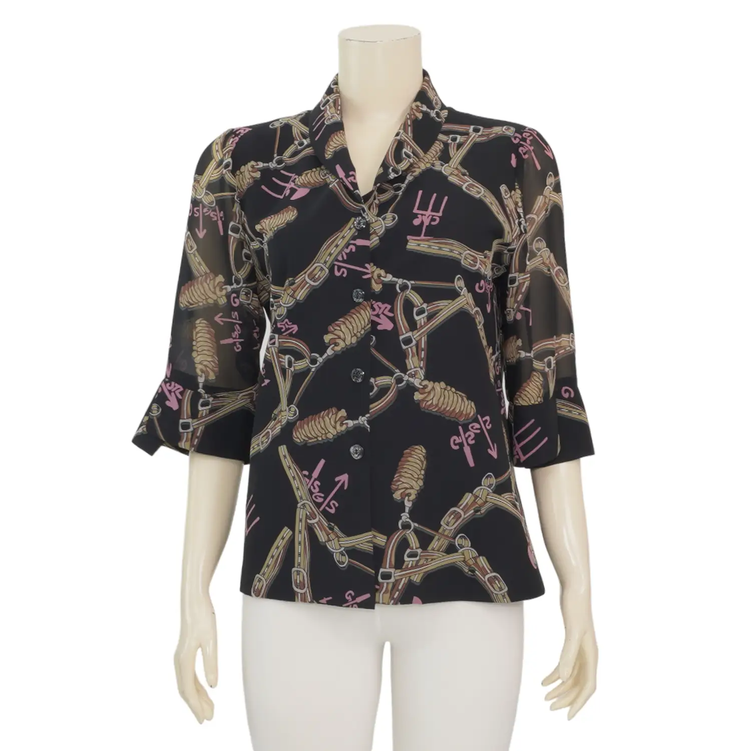 มิกิโกะ เสื้อเชิ้ตคอปกกล้วยหอม แขน 3 ส่วน ผ้าชีฟองลายเข็มขัด