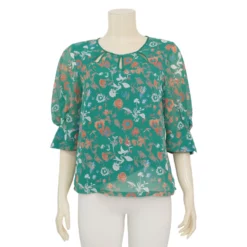 มิกิโกะ เสื้อเบลาส์คอกลม แขนพองยาว 3 ส่วน ผ้าชีฟองสีเขียว ลายฟลอรัล