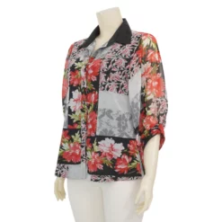 มิกิโกะ เสื้อเชิ้ต แขน 3 ส่วน ผ้าชีฟองลายดอกไม้ แต่งปกผ้าซาติน - Image 2
