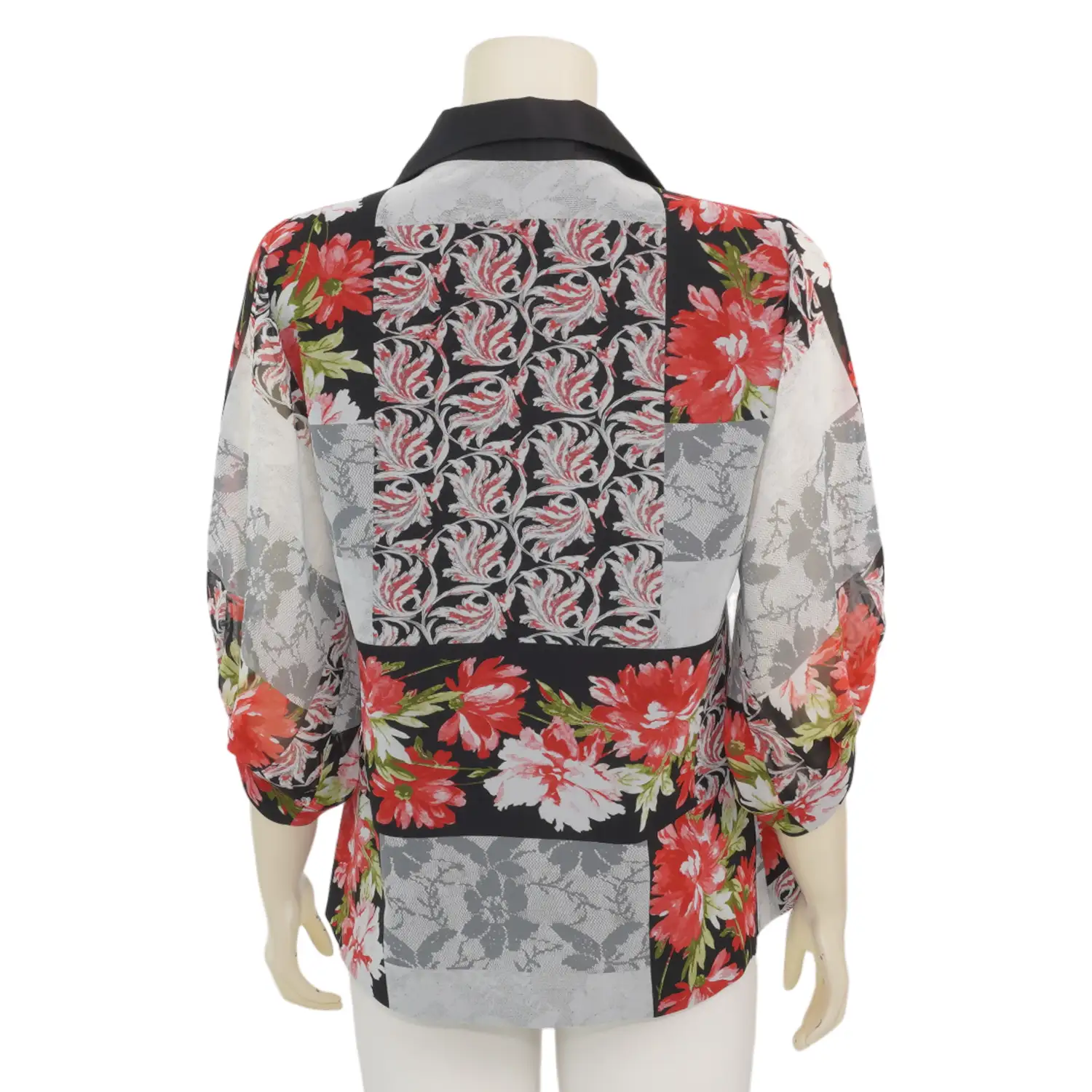 มิกิโกะ เสื้อเชิ้ต แขน 3 ส่วน ผ้าชีฟองลายดอกไม้ แต่งปกผ้าซาติน - Image 3