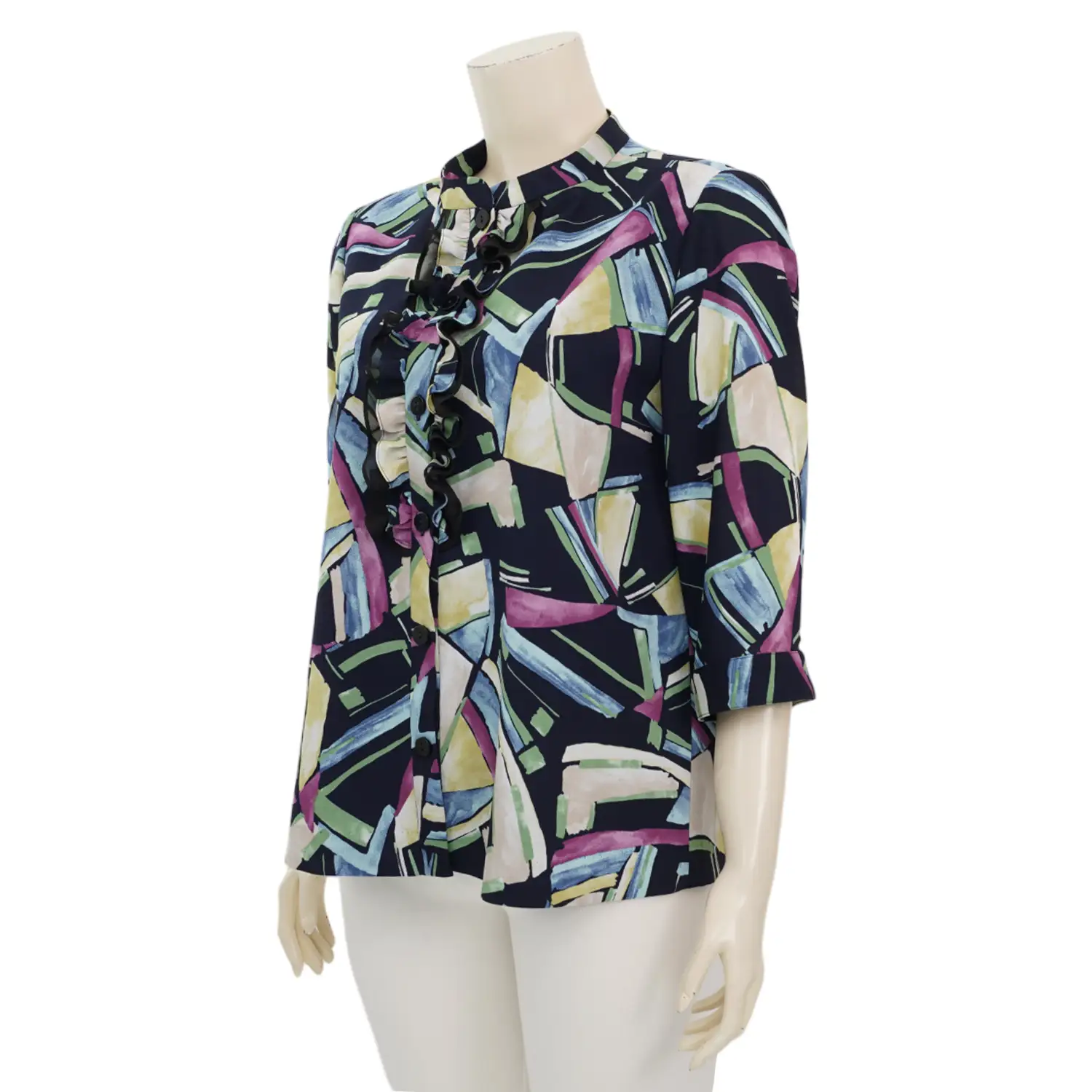 มิกิโกะ เสื้อเบลาส์คอตั้ง แต่งระบาย แขน 3 ส่วน ผ้าชีฟองโดบี้ลายกราฟิก - Image 2