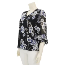 มิกิโกะ เสื้อเบลาส์คอวี แขน 3 ส่วนแต่งระบาย ผ้าชีฟองลายดอกไม้ - Image 2