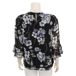 มิกิโกะ เสื้อเบลาส์คอวี แขน 3 ส่วนแต่งระบาย ผ้าชีฟองลายดอกไม้ - Image 3