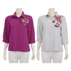 อะมิร่า เสื้อเชิ้ต แขน 4 ส่วน  สีพื้น ปักลายดอกไม้