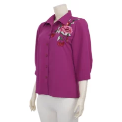 อะมิร่า เสื้อเชิ้ต แขน 4 ส่วน  สีพื้น ปักลายดอกไม้ - Image 4