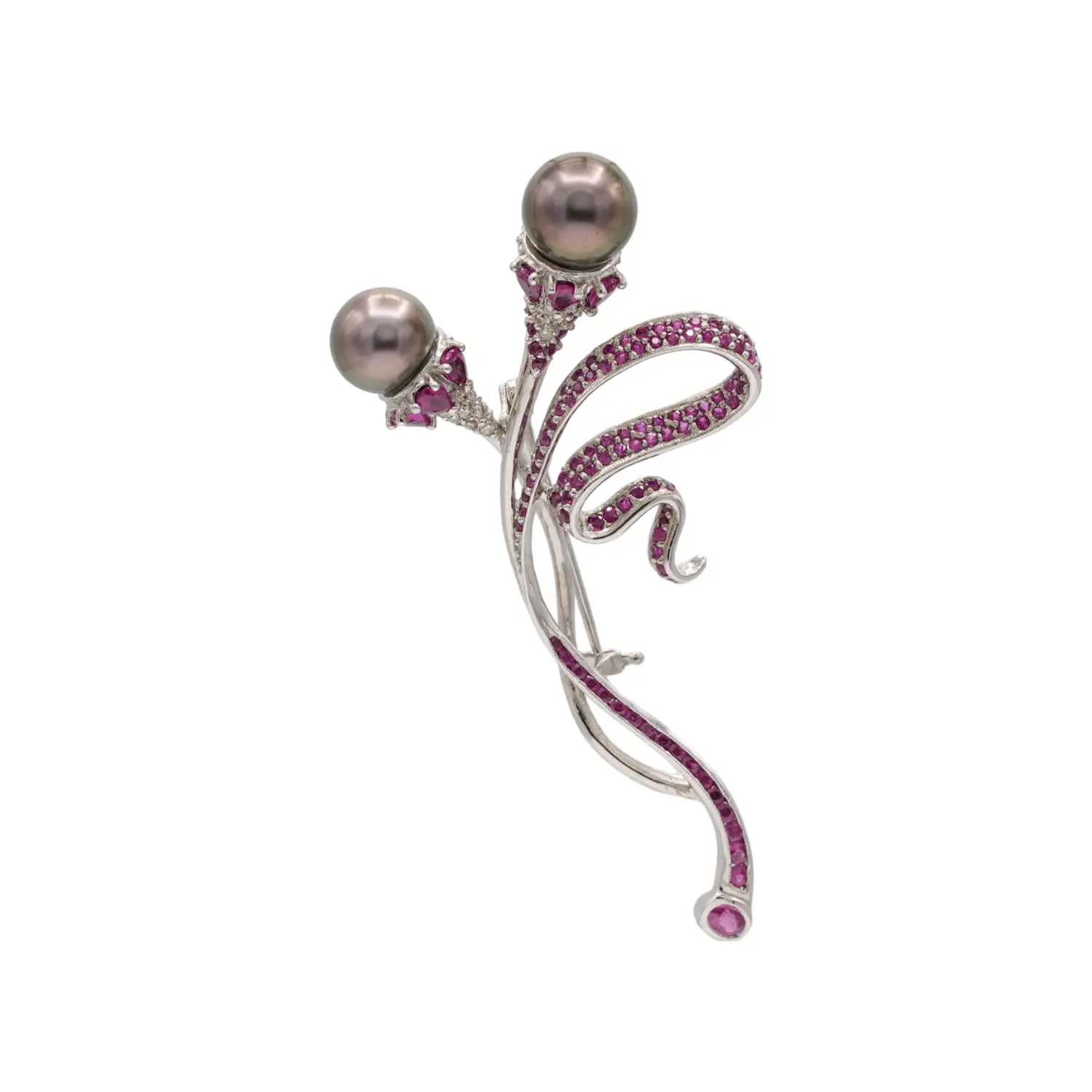 กิจเจริญ เข็มกลัดหรือจี้ทองขาว18K ชุบทองขาว18K ประดับ มุกทะเลใต้, ทับทิมและเพชร