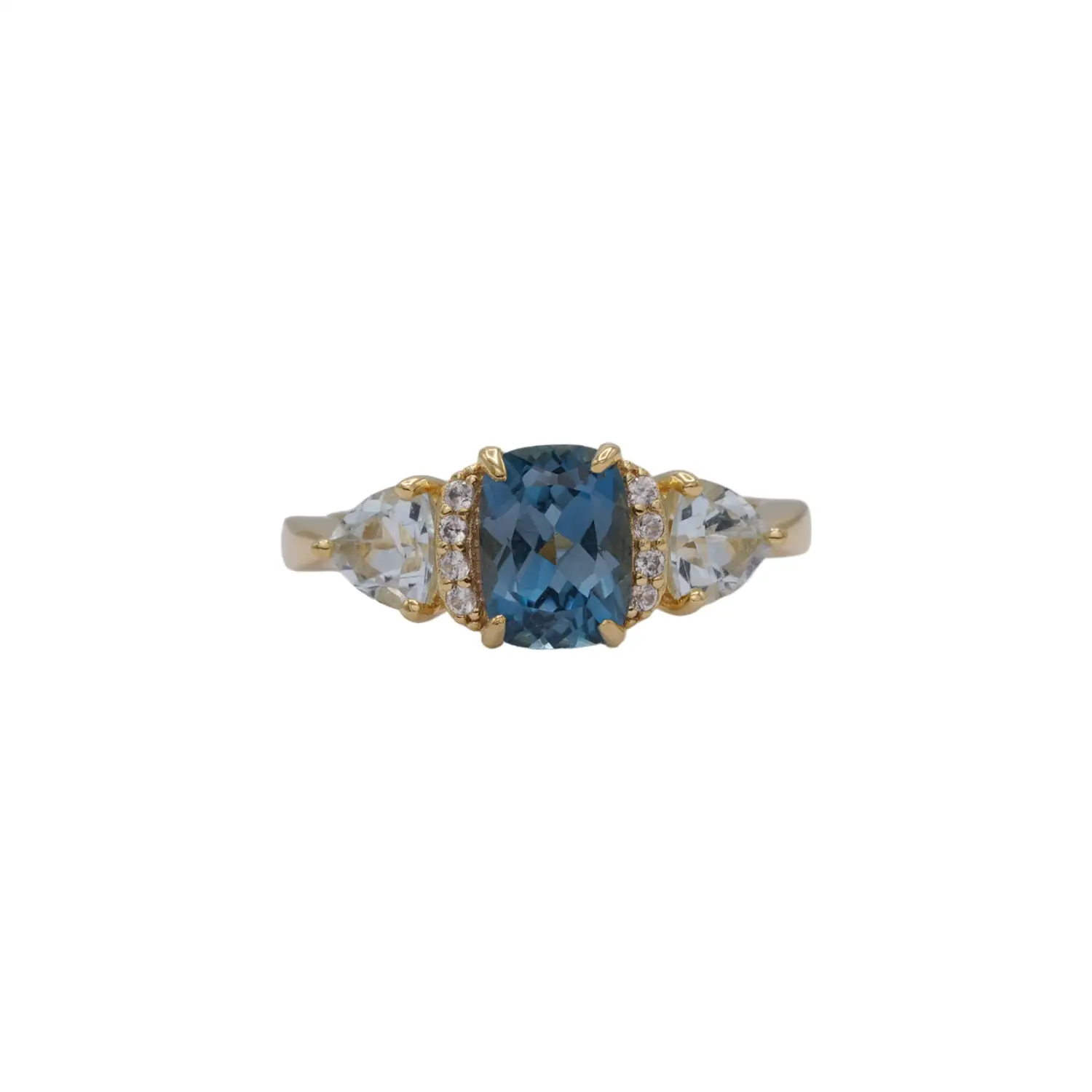 กลิทซ์ จิวเวล แหวนเงิน925 ชุบทอง18K ดีไซน์ Three Stone Ring ประดับลอนดอน บลู โทแพซ, อะความารีนและโทแพซสีขาว