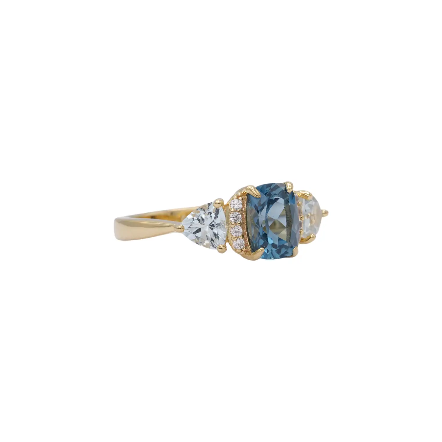 กลิทซ์ จิวเวล แหวนเงิน925 ชุบทอง18K ดีไซน์ Three Stone Ring ประดับลอนดอน บลู โทแพซ, อะความารีนและโทแพซสีขาว - Image 2