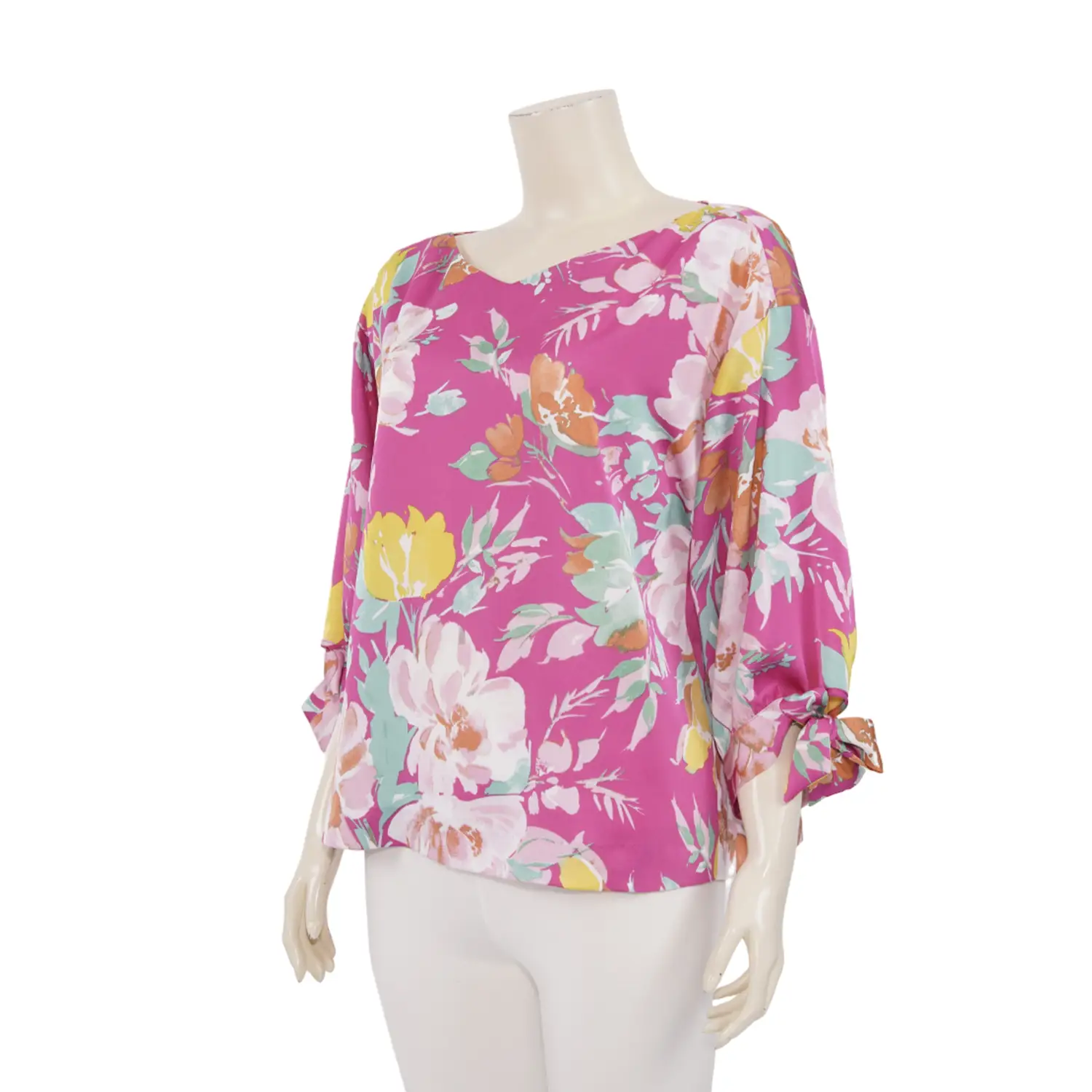 เบคกี้ รัสเซล เสื้อคอวีกว้าง แขน 4 ส่วนแต่งโบว์ ผ้าเครป ซาตินลายดอกไม้ - Image 2