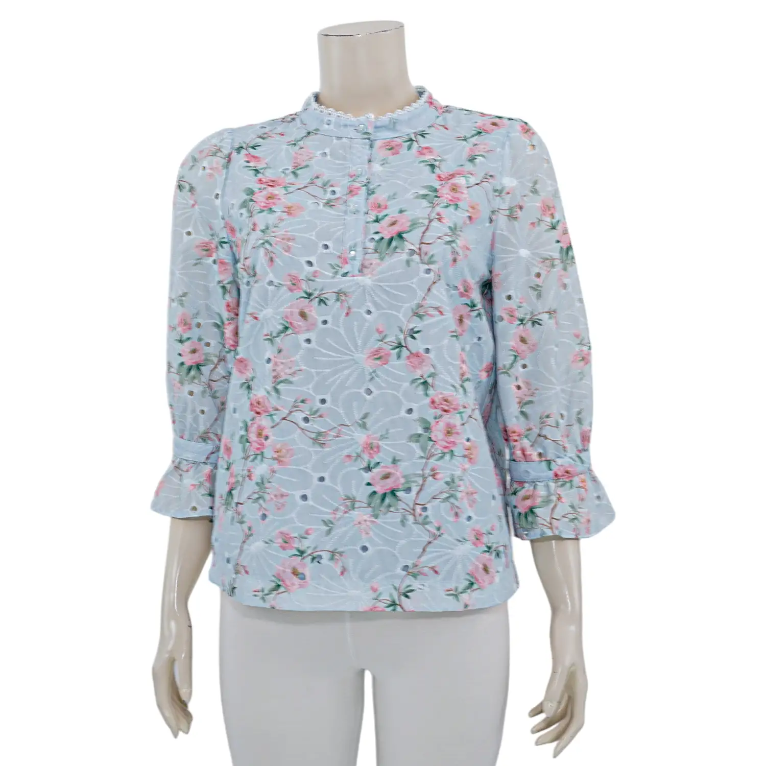 มินนะ เสื้อเบลาส์คอกลม แขนพองยาว 5 ส่วน พิมพ์ลายดอกไม้