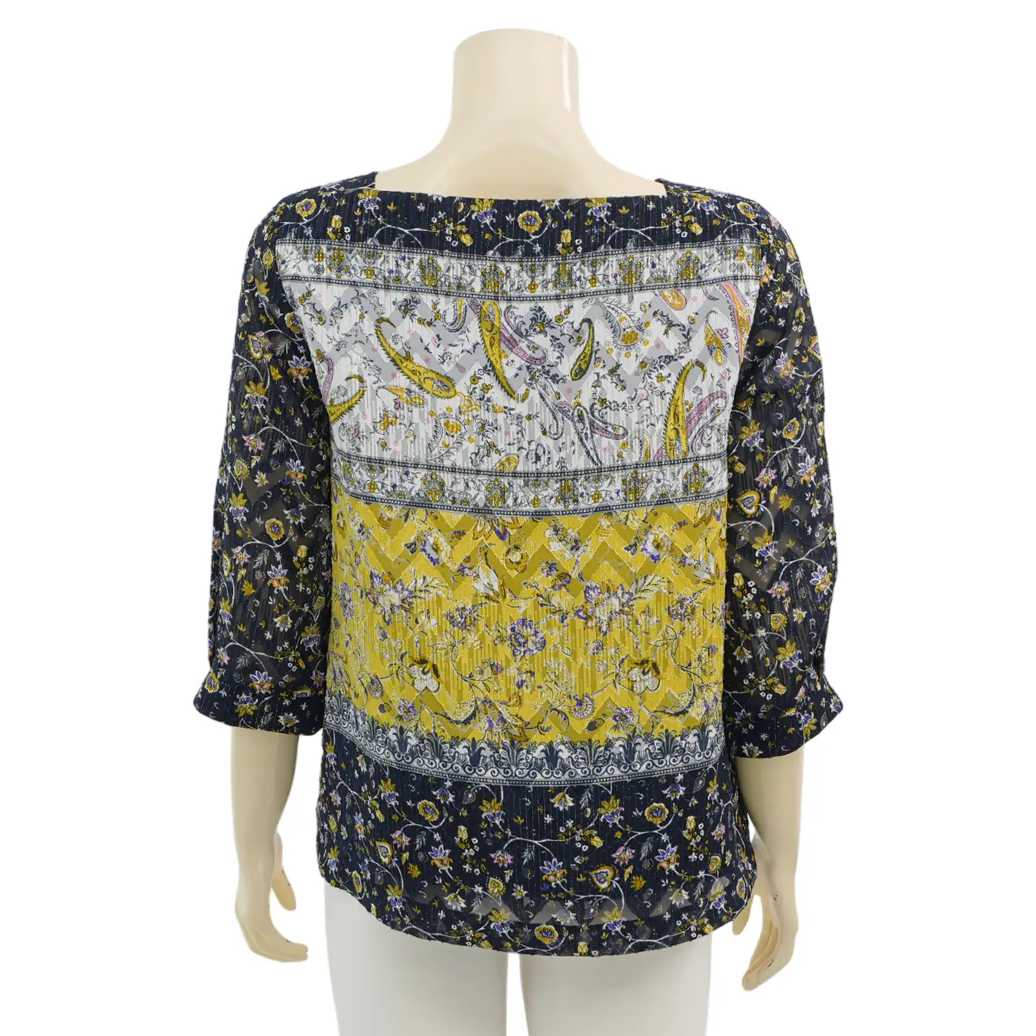มิกิโกะ เสื้อเบลาส์คอเหลี่ยม แขนกระบอก ยาว 3 ส่วน ผ้าเมทัลลิกเบิร์นเอ้าท์ - Image 3
