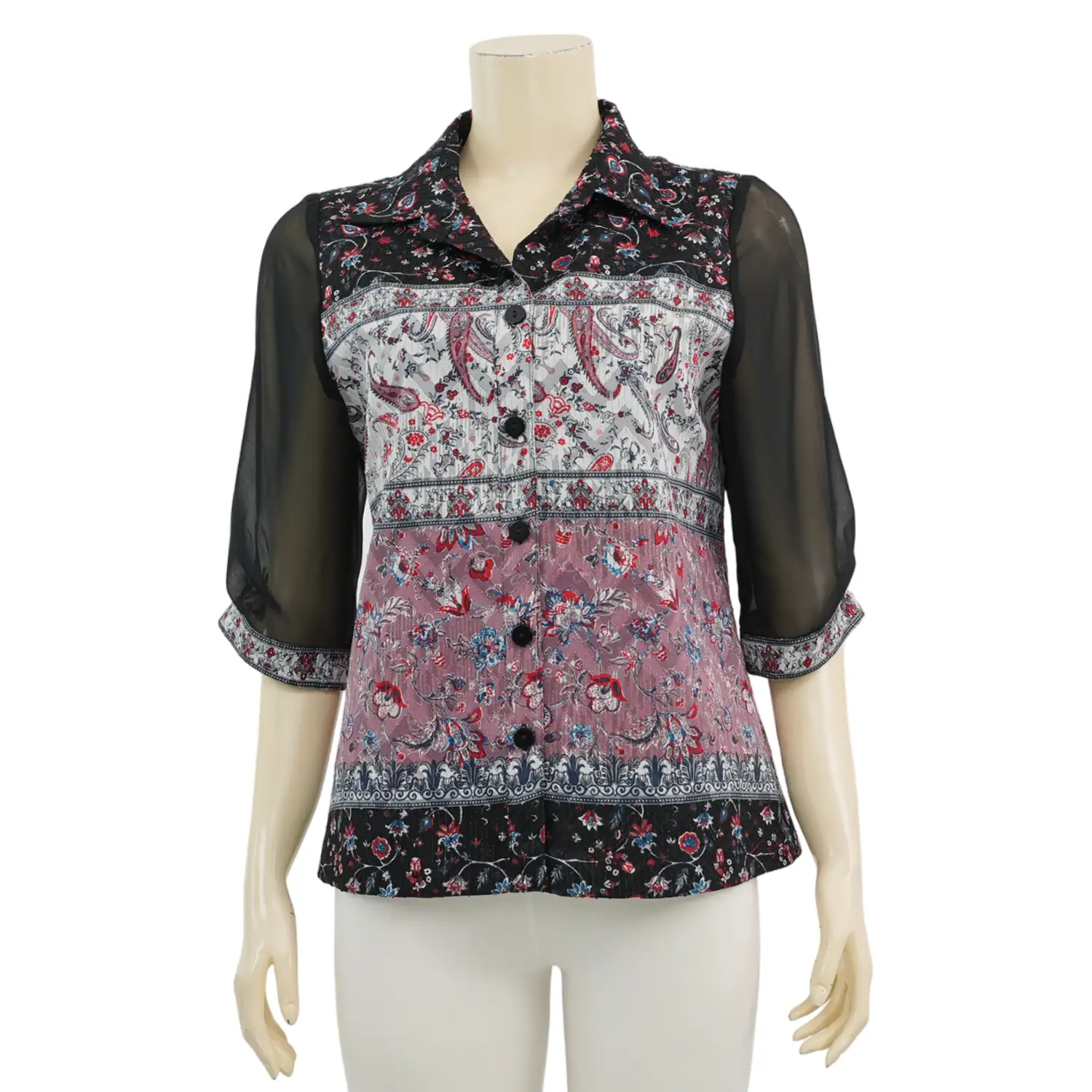 มิกิโกะ เสื้อเชิ้ต แขน 3 ส่วน ผ้าเมทัลลิกเบิร์นเอ้าท์