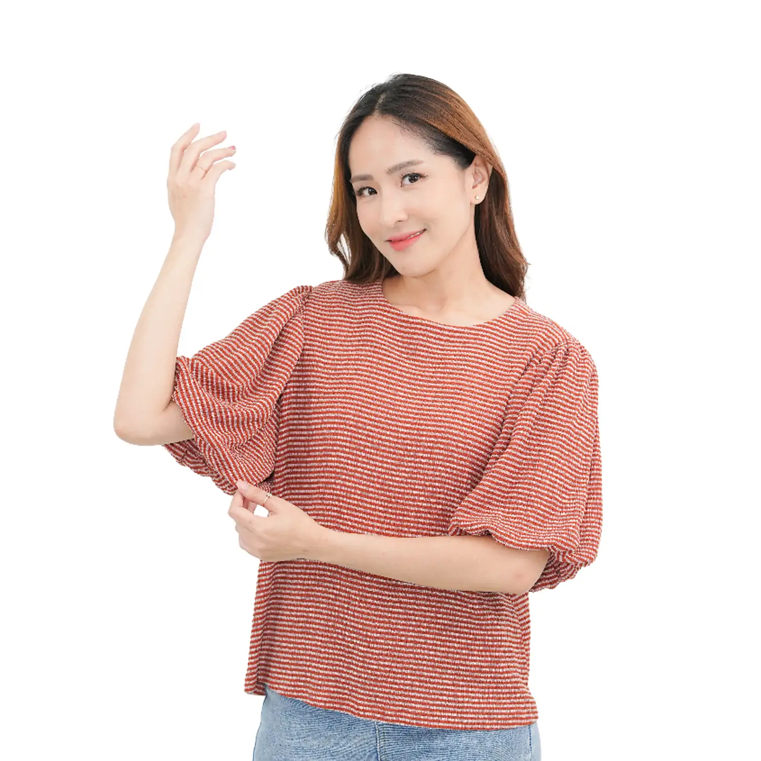 ชมพู เสื้อเบลาส์คอกลม แขนบอลลูน ผ้าแฟนซี