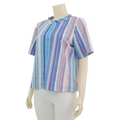 ชมพู เสื้อเบลาส์คอกลม แขนสั้น ผ้าคูชั่นปริ้นท์ - Image 2