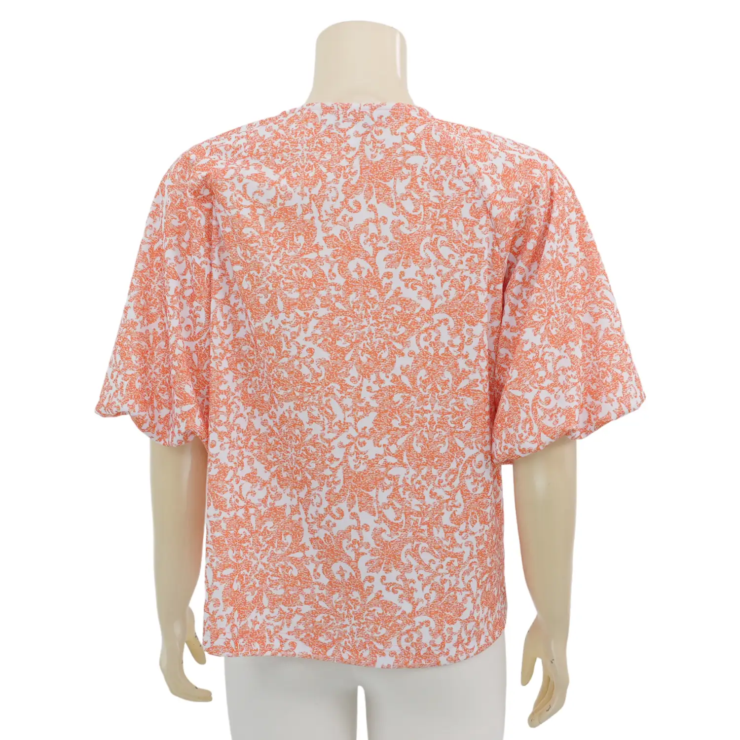 ชมพู เสื้อเบลาส์คอวี แขนบอลลูน ผ้าคูชั่นปริ้นท์ - Image 3