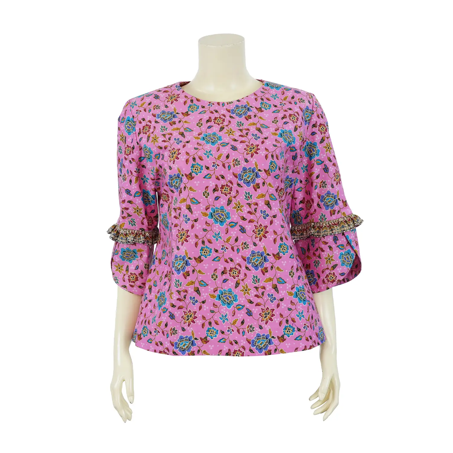 เสื้อคอกลม แขนกระบอก ผ้าปาเต๊ะ ลายดอกไม้ - Image 3