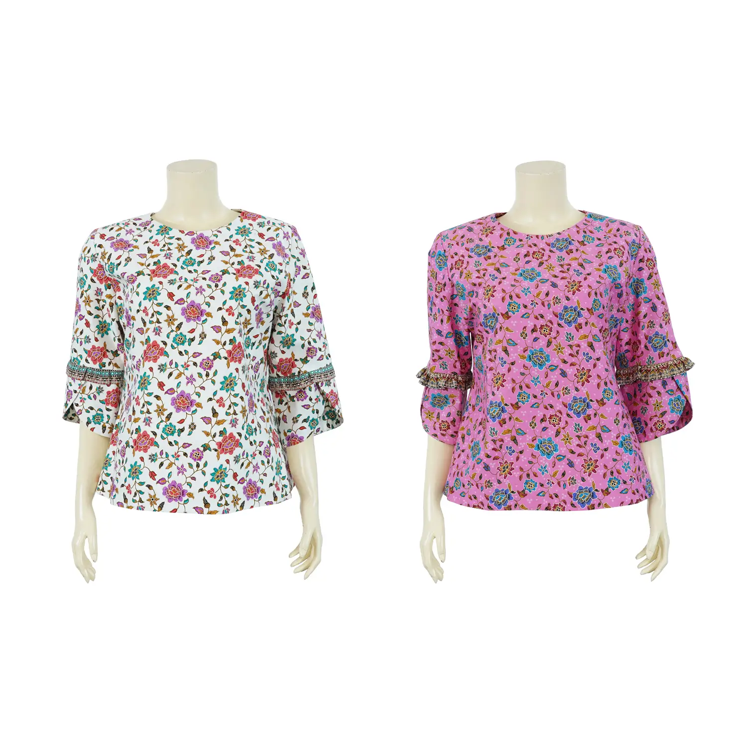 เสื้อคอกลม แขนกระบอก ผ้าปาเต๊ะ ลายดอกไม้