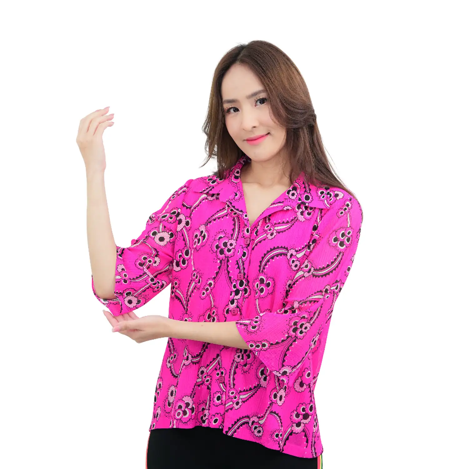 อะมิร่า เสื้อคอปก แขน 3 ส่วน ผ้าแฟนซีพลีทสีชมพู