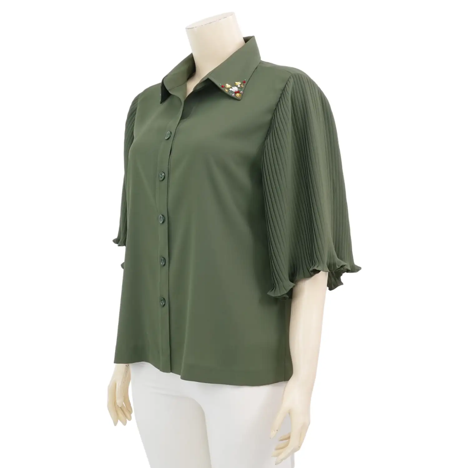 อะมิร่า เสื้อคอปก แขนพลีทระบาย ผ้าโดบี้สีเขียวขี้ม้า - Image 2