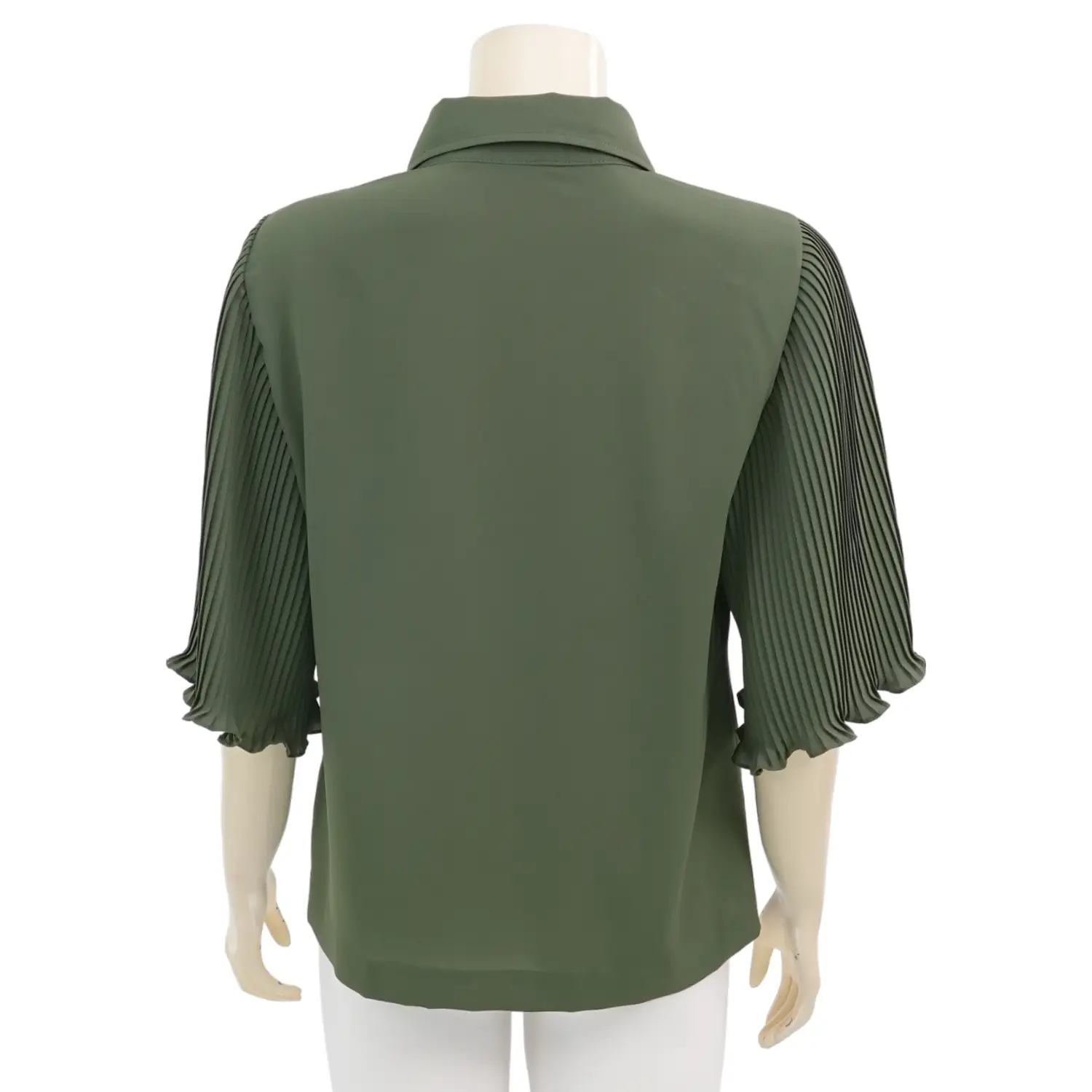 อะมิร่า เสื้อคอปก แขนพลีทระบาย ผ้าโดบี้สีเขียวขี้ม้า - Image 3