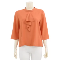 อะมิร่า เสื้อรเบลาส์คอตั้ง  แขน 3 ส่วน  ด้านหน้าแต่งระบาย  ผ้าโดบี้สีส้ม