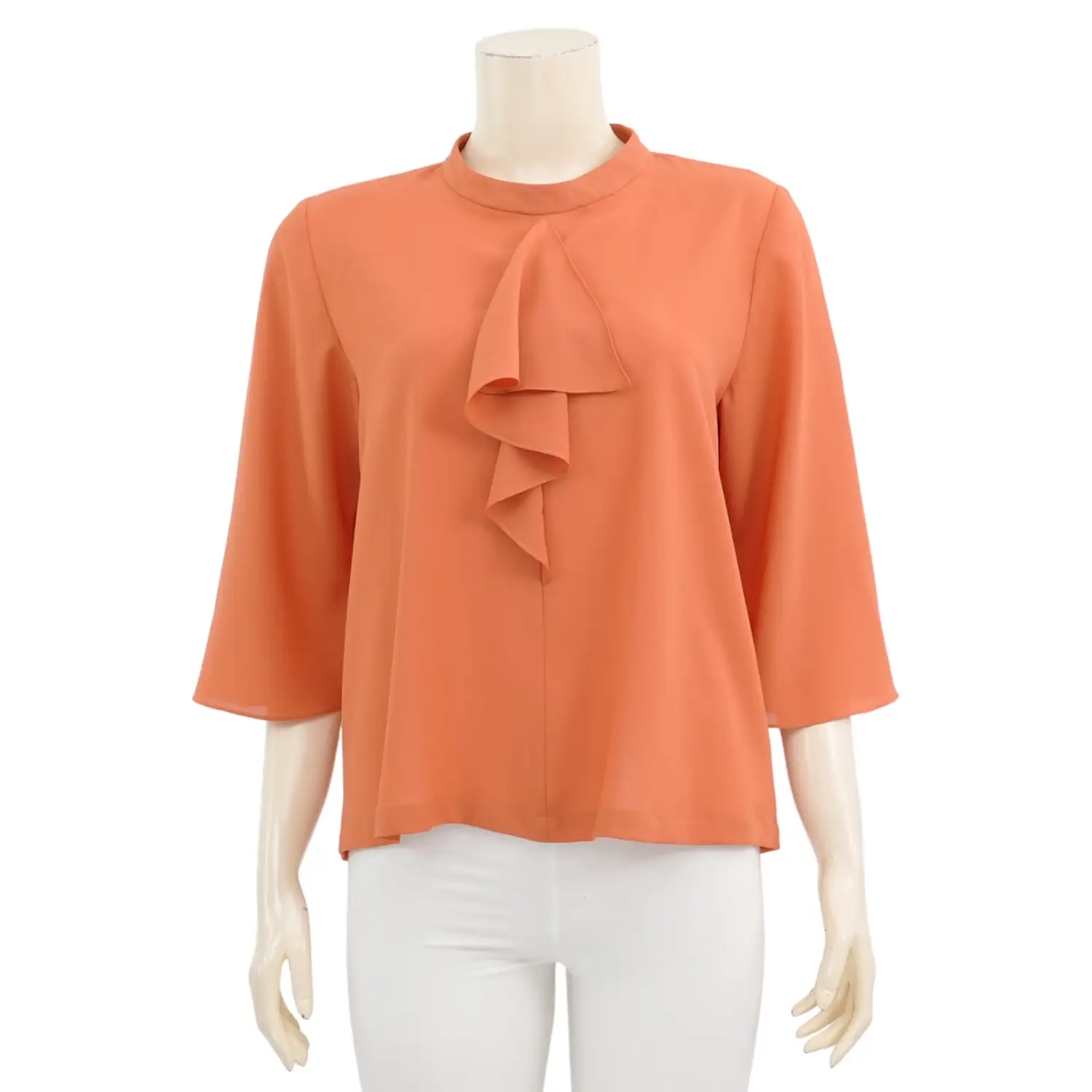 อะมิร่า เสื้อรเบลาส์คอตั้ง แขน 3 ส่วน ด้านหน้าแต่งระบาย ผ้าโดบี้สีส้ม