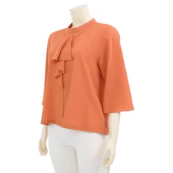 อะมิร่า เสื้อรเบลาส์คอตั้ง แขน 3 ส่วน ด้านหน้าแต่งระบาย ผ้าโดบี้สีส้ม - Image 2