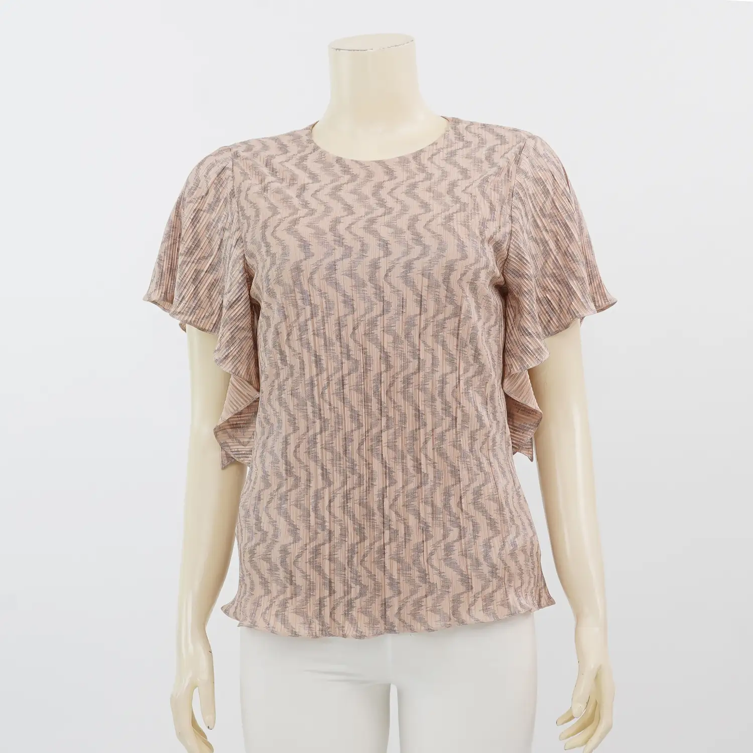 มิกิโกะ เสื้อเบลาส์คอกลม แขนระบาย ผ้าแฟนซีพลีท