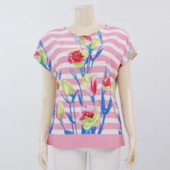 มิกิโกะ เสื้อเบลาส์คอกลม แขนล้ำ  ผ้าคอตตอนสเปนเด็กซ์  ลายทางผสมดอกไม้