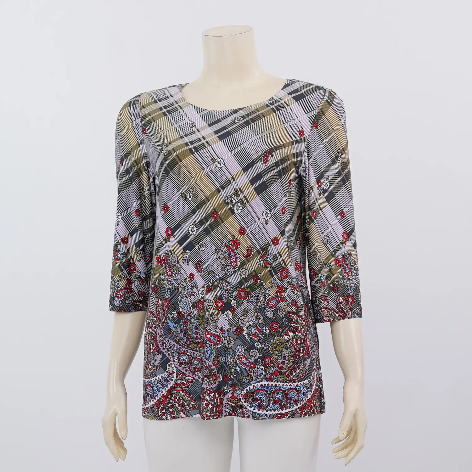 มิกิโกะ เสื้อเบลาส์คอกลม แขน 3 ส่วน ผ้ายืดแฟนซี