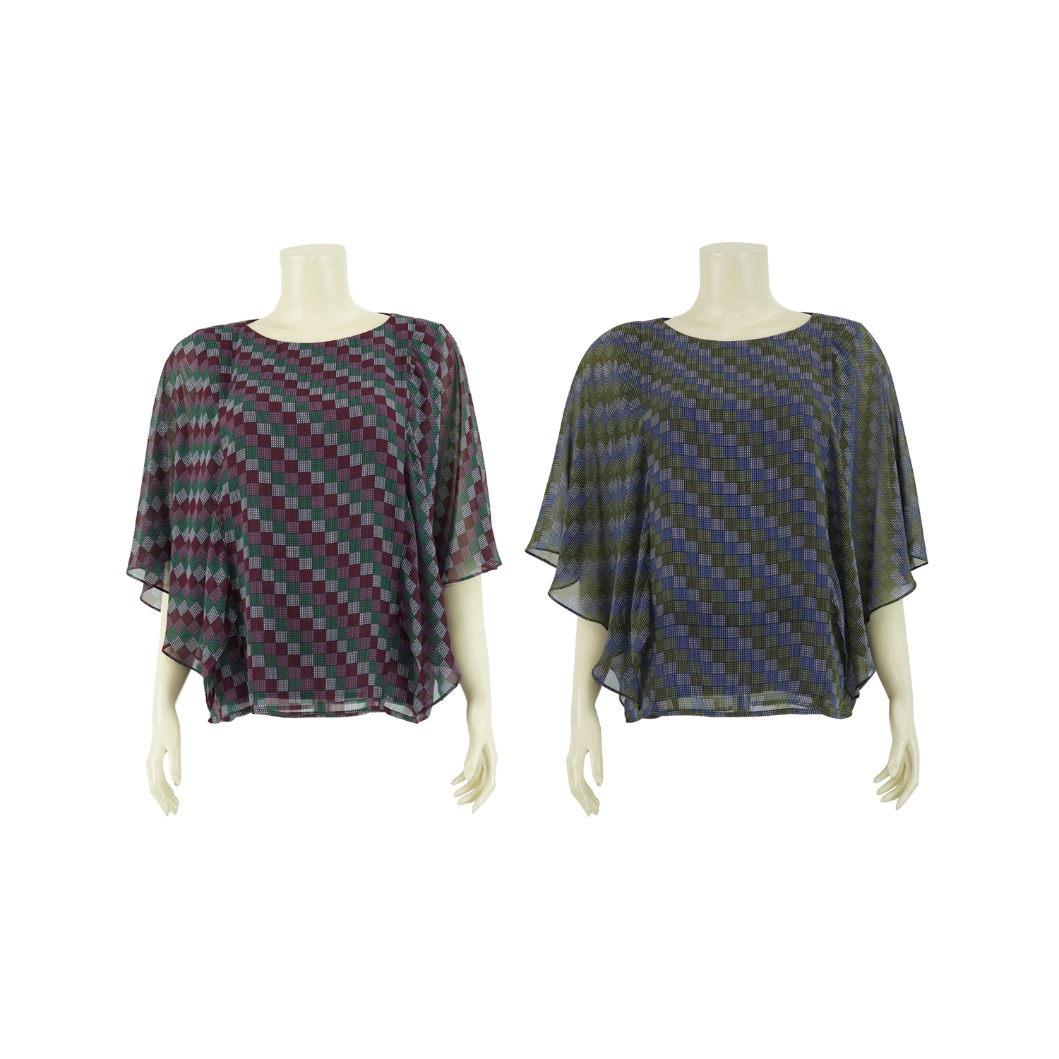 เสื้อสตรีคอปาด แขน ปีกค้างคาวยาว 3 ส่วน ผ้าชีฟองพิมพ์กราฟิก ลายตาราง