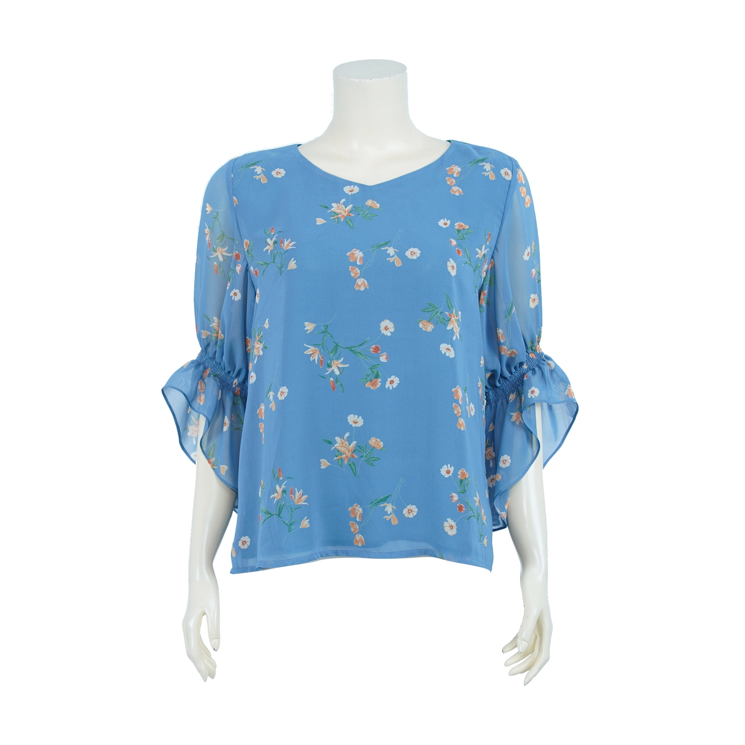 เสื้อคอปาด แขนสั้นทรงแขนบาน ผ้าชีฟองบัลแกรี่ลายใบไม้